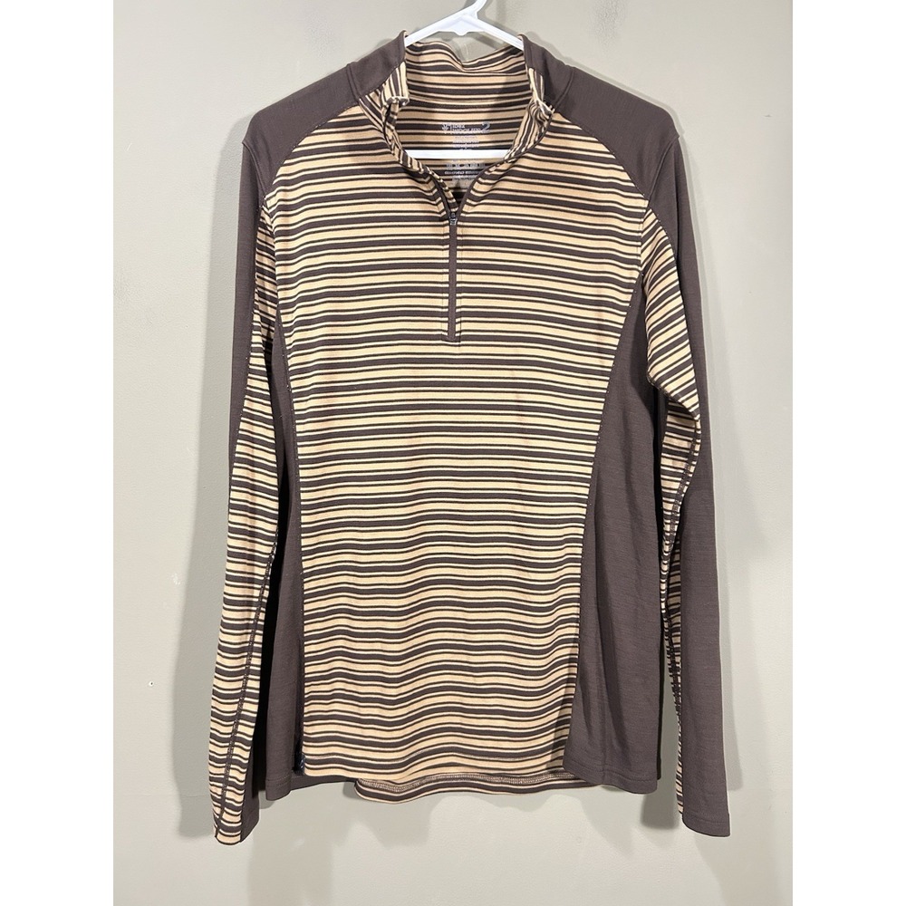 Ibex Woolies 2 Wool Base Layer Mens Med Brown Striped 1/4 Zip Ski Hiking Camping